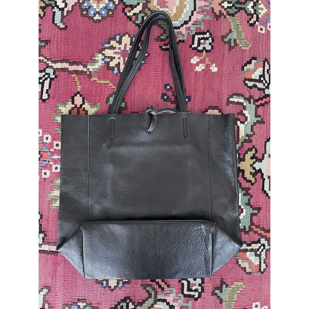 Pebbled Leather Black Tote Bag Tie Closure Made In Italy